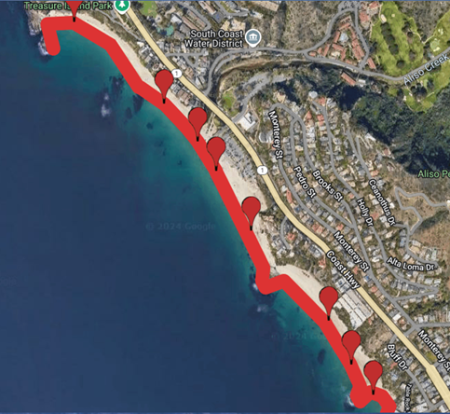 map showing beach closure area in laguna beach